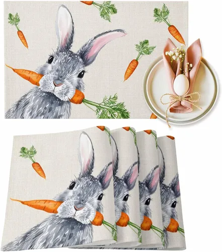 Easter Placemats Funny Rabbit Carrots Place Mats for Dining Room Dinner Table Leaves Retro Washable Table Mats Spring Easter Day Kitchen Decorations
