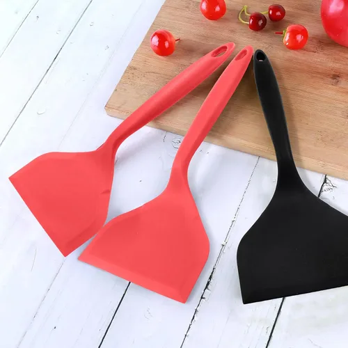 Vista 4 de 2 espátulas Wok de gel de sílice, espátula ancha para panqueques, antiadherente, resistente al calor, con mango corto para cocinar, hornear y freír