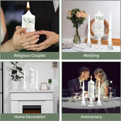Vista 6 de Extrogif Unity - Juego de velas de boda, kit de ceremonia de 3 piezas con candelabros de cristal, pilar y velas cónicas para ceremonia de boda