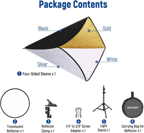 Vista 8 de NEEWER Kit de reflector de luz de 43"/110cm, reflector redondo plegable 5 en 1 (translúcido/plata/oro/blanco/negro), abrazadera de metal y soporte