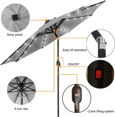 Vista 48 de Blissun Sombrilla solar de 9 pies, sombrilla de patio con 32 luces LED, sombrilla de mercado de mesa, sombrilla al aire libre para jardín, terraza