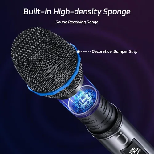 Vista 3 de Micrófonos inalámbricos U60, sistema de micrófono dual UHF con receptor recargable, micrófono de karaoke de metal para cantar, boda, DJ, fiesta