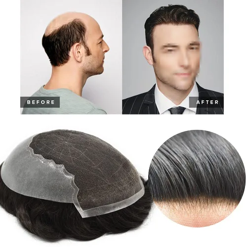 Vista 333 de Toupee - Sistemas de reemplazo de cabello para hombre, encaje frontal suizo, nudo blanqueado, pieza de cabello humano natural