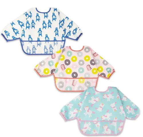 Vista 13 de Juego de baberos de manga larga de 3 piezas, baberos impermeables para bebés con bolsillo, babero para niños pequeños con mangas, bata resistente a