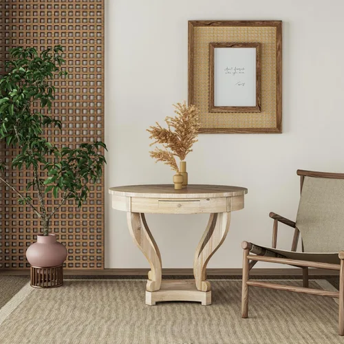 Vista 4 de Mesa auxiliar redonda de tamaño pequeño con patas curvas, estilo granja, mesa auxiliar para comedor, cocina, comedor o sala de estar, grano