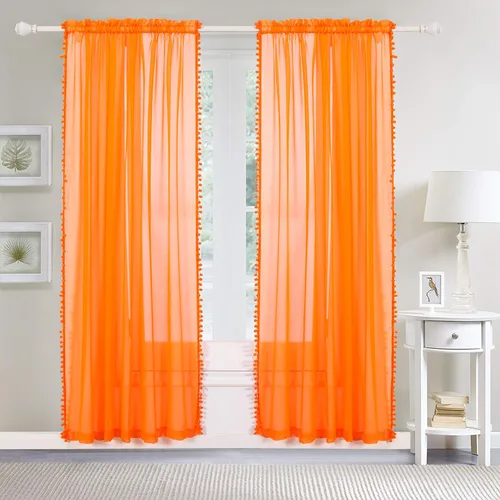 Vista 2 de Elegant Comfort Cortinas semitransparentes con borlas con pompones, juego de 2 paneles, con bolsillo para barra de 2 pulgadas, cortinas Naranja