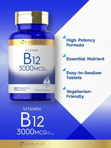 Vista 3 de Carlyle Vitamina B12 3000 mcg 180 tabletas Suplemento vegetariano Sin OMG y sin gluten