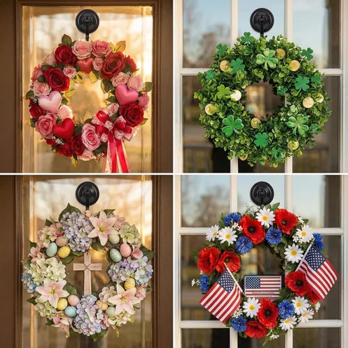 Vista 6 de Perchas de corona para puerta o ventana de cristal, paquete de 2 ganchos fuertes con ventosa, oro antiguo