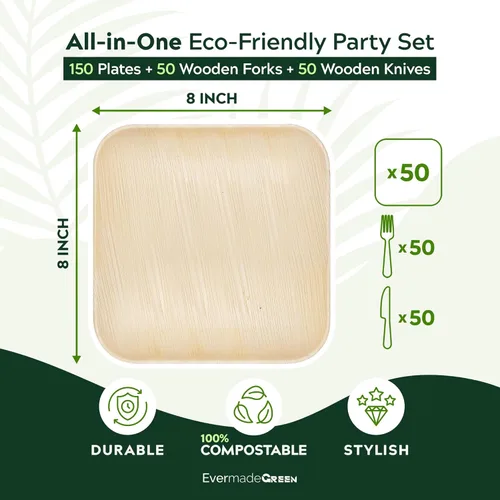 Vista 2 de Platos de bambú con cubiertos – Juego de 50 platos (8 pulgadas) + 50 tenedores + 50 cuchillos Platos biodegradables de hoja de palma Platos