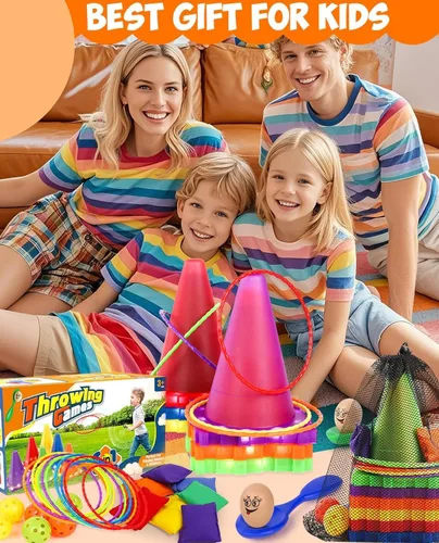 Vista 6 de Eocolz Juego combinado de 49 piezas de juegos de carnaval al aire libre para niños con luz LED, conos de plástico, obstáculos, puf, bolas