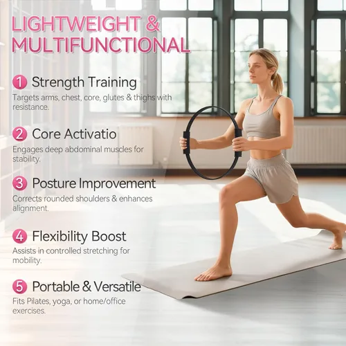 Vista 5 de Anillo de pilates, círculo mágico de silicona de 13.5 pulgadas con doble agarre, ligero y duradero, equipo de ejercicio de resistencia flexible