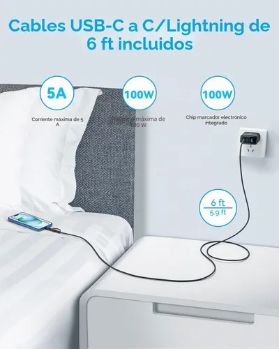 Vista 3 de MINLU GaN - Bloque de cargador USB C de 65 W, cargador de pared compacto de 3 puertos tipo C con cable USB-C/L 2 en 1 de 6 pies, 100 W, carga rápida