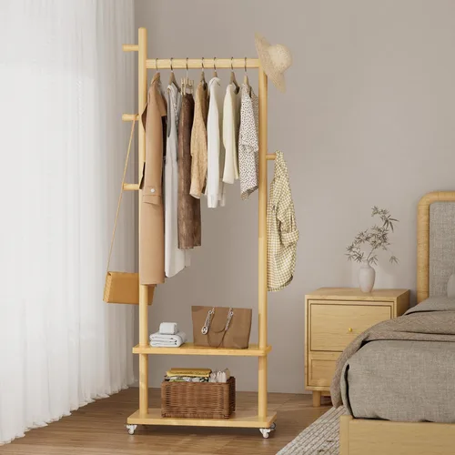 Vista 9 de Estante de abrigos de madera maciza independiente con ruedas y 2 estantes de almacenamiento y 5 ganchos, estante de ropa resistente, árbol