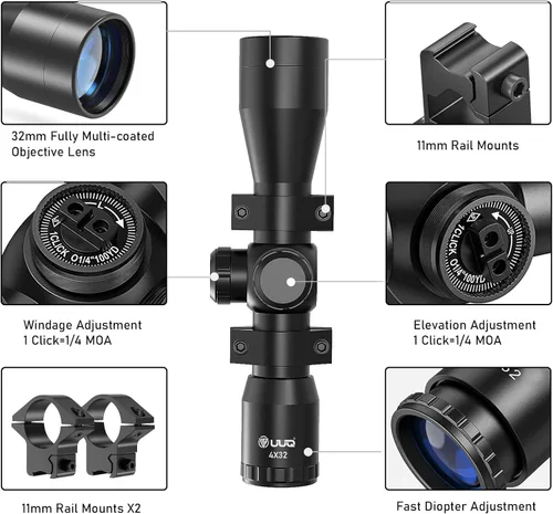 Vista 5 de UUQ Tactical 4X32 Compact .223 .308 Scope Rangefinder Reticle/w 20mm Picatiny or 11mm Dovetail Ring Mounts