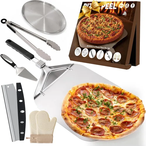 Bonteck Pala para Pizza de Aluminio Metal Kit de Espátula para Pizza | Paleta de Mango Plegable de 12 x 14 Pulgadas | 6 Piezas Accesorios para Horno