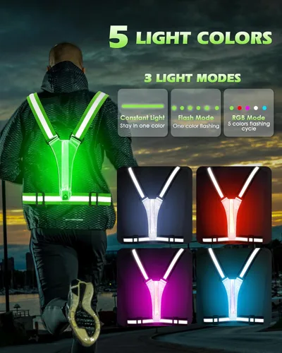 Vista 4 de Zacro LED Reflective Vest Running Gear, 5 Lights Colors High Visibility Reflective Running Gear Rechargeable Light Up Running Vest for Walking