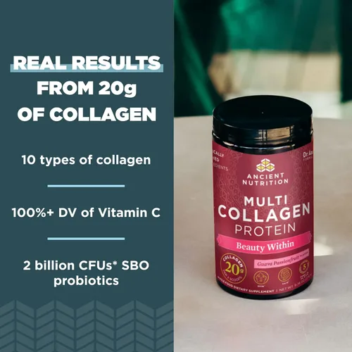 Vista 3 de Ancient Nutrition Proteína de Colágeno en Polvo, Multi Collagen Protein Beauty Within, Guayaba Maracuyá, con Vitamina C, Péptidos de Colágeno