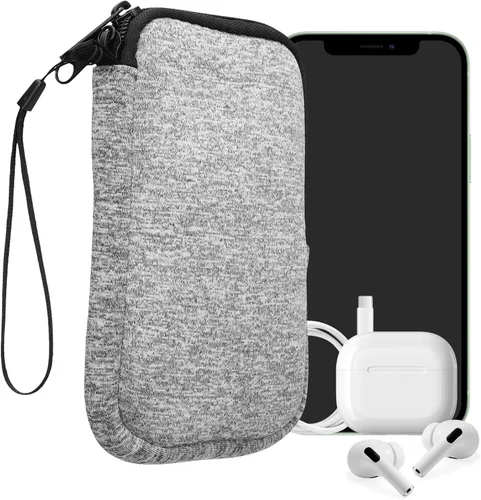 Vista 38 de kwmobile Bolsa de neopreno para teléfono tamaño XL - 6.7/6.8 pulgadas - Funda universal para celular con cremallera, correa para la muñeca, amarillo