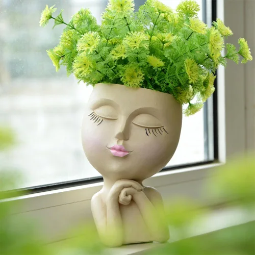 Vista 8 de Macetero de Cabeza con Cara, Macetas Divertidas con Cabezas, Macetas Lindas con Caras de Niña, Macetas Decorativas para Flores, Macetas Lindas