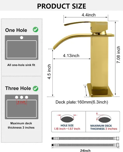 Vista 15 de Midanya - Grifo de baño con cascada de 1 agujero, sin drenaje, oro cepillado