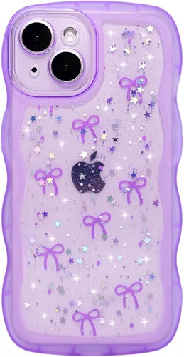 Vista 51 de Qokey para iPhone 14 Plus Funda de 6.7" con diseño de borde ondulado rizado, transparente, con purpurina, brillo, estrellas, brillante, lindo