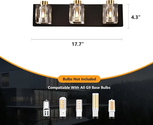 Vista 5 de Modernas luces de cristal para tocador, accesorios de luz para tocador de baño de 3 luces, luces de baño negras y doradas sobre espejo, apliques