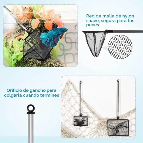 Vista 4 de Sumind 2 redes para pecera, malla para acuario, redes de pesca de mango largo con redes extensibles de acero inoxidable de 12.5 a 27.5 pulgadas