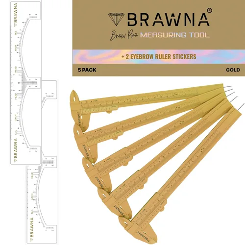 Vista 6 de BRAWNA Brow Pro Herramienta de medición – Regla de cejas de doble escala para microblading, cejas y maquilladores – Regla de pinza de cejas de Dorado