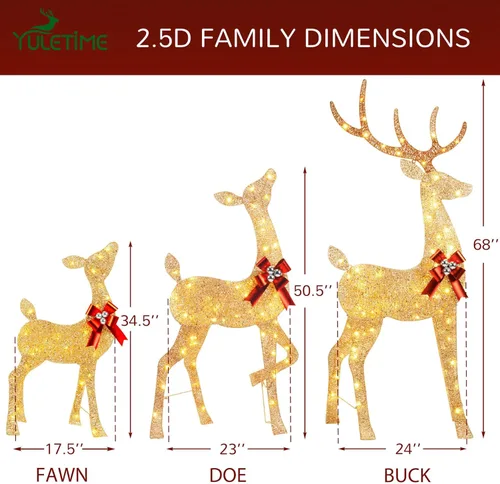 Vista 4 de YULETIME - Familia de renos navideños de 3 piezas con iluminación previa 2.5D, decoración navideña de ciervos con purpurina iluminada con luces LED