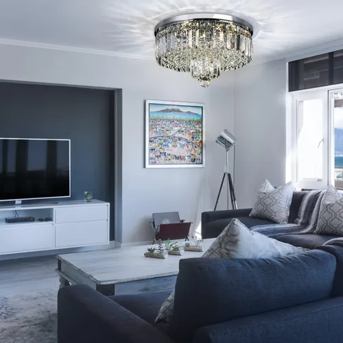 Vista 3 de Candelabros de cristal de montaje empotrado, 6 luces, lámpara redonda moderna K9, cerca del techo, accesorios para comedor, dormitorio, entrada