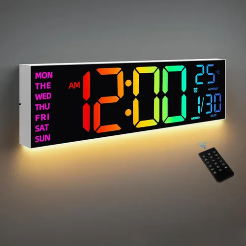 Vista 10 de HAITANG Reloj de pared digital de 8 colores, reloj digital grande de 16.2 pulgadas con temperatura, fecha, DST automático, luz nocturna, atenuador