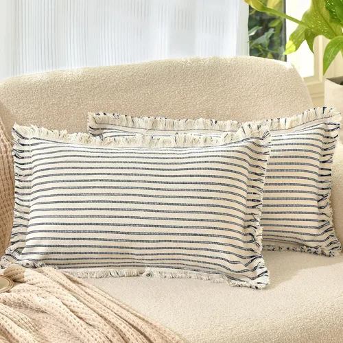 Vista 28 de Fundas de almohada ZWJD de 16 x 16 pulgadas, juego de 2 fundas de almohada a rayas con borlas, fundas de almohada de algodón chic, fundas de cojín