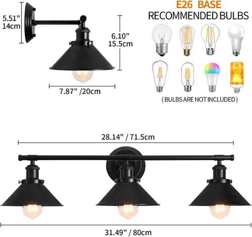 Vista 4 de TOULMJ Lámparas de tocador de baño, luces de tocador de granja, 3 lámparas de baño sobre espejo de pared con pantalla de metal, luces de tocador