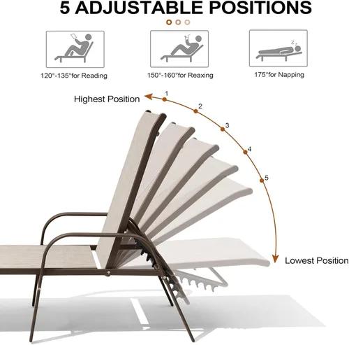 Vista 5 de Crestlive Products Silla Tumbona para Exteriores con Reposabrazos, Juego de 2 Sillas Tumbonas de Piscina, de Aluminio Ajustables de 5 Posiciones