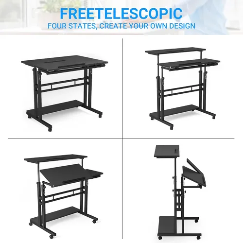 Vista 8 de Escritorio móvil de pie, escritorio ajustable para computadora con 3 escritorios, mesa portátil para laptop con soporte para tazas, estación de Negro