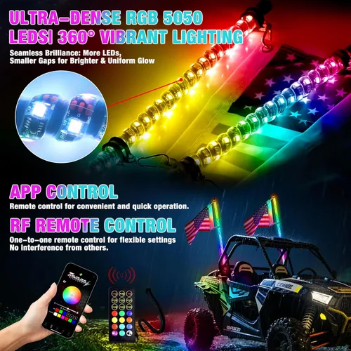Vista 2 de 2PCS Luces LED Whip de 2FT para UTV/ATV, APP y Control Remoto, Modos de Color Secuencial, Luz Todoterreno Impermeable para Can-Am, Polaris RZR, Dune