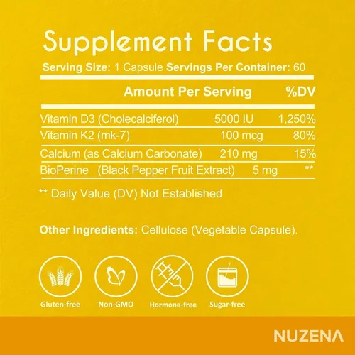 Vista 7 de Suplemento de vitamina D3 de 5000 UI con K2 (100 mcg) y calcio (210 mg) Suplemento de apoyo para huesos y articulaciones Vitamina D3 K2, colon