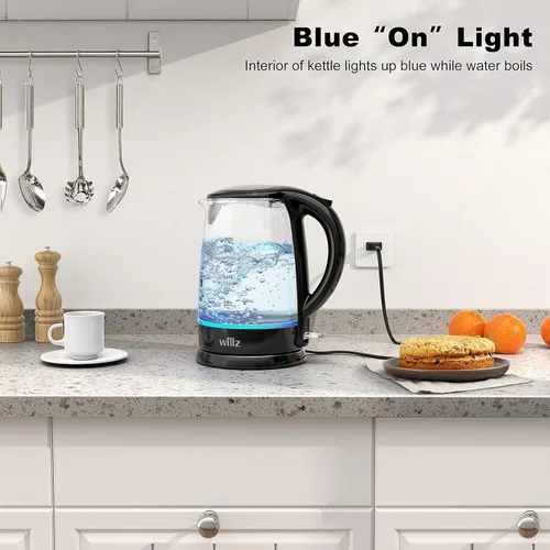 Vista 5 de Willz Hervidor eléctrico de vidrio con mango resistente al calor y vertido inalámbrico, tecnología de ebullición rápida y apagado automático, luz