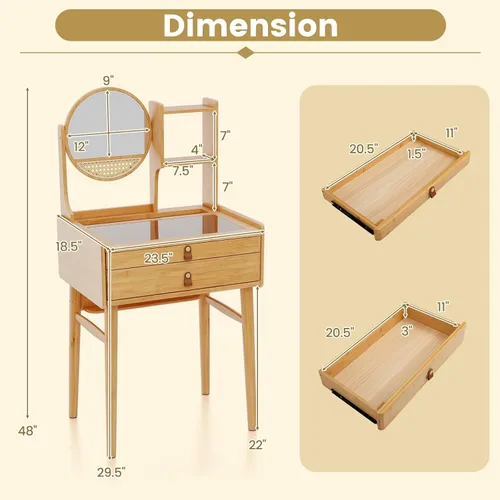 Vista 7 de Escritorio de tocador bohemio con espejo, mesa de tocador de maquillaje de bambú con 2 cajones de almacenamiento, estantes de gabinete y mesa