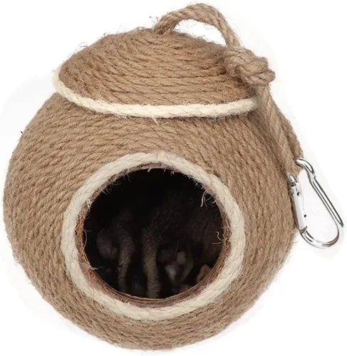 Vista 3 de Sugar Glider House - Cabaña de cuerda de cáñamo con cáscara de coco natural, nido para planeador de azúcar, hámster, ardilla, periquito de pájaro