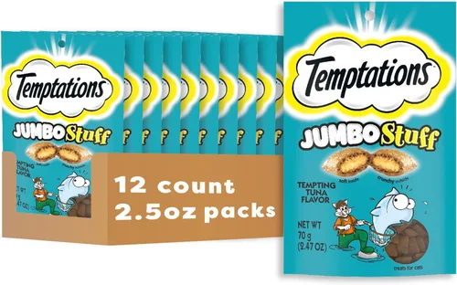 Temptations Jumbo Stuff - Golosinas crujientes y suaves para gatos, sabor atún tentador, bolsa de 2.5 onzas (paquete de 12)