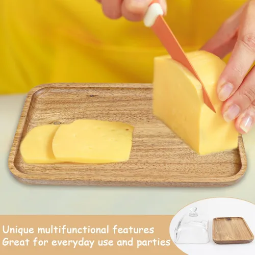 Vista 4 de Mantequillera de vidrio con tapa, recipiente de vidrio transparente para mantequilla, queso crema y pastel de postre (acacia)