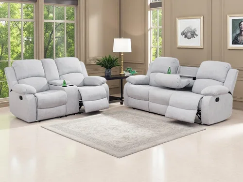 Vista 26 de Juego de sofá reclinable de tela de 2 piezas, juego de muebles de sala de estar, moderno juego de sofá reclinable manual con portavasos/consola