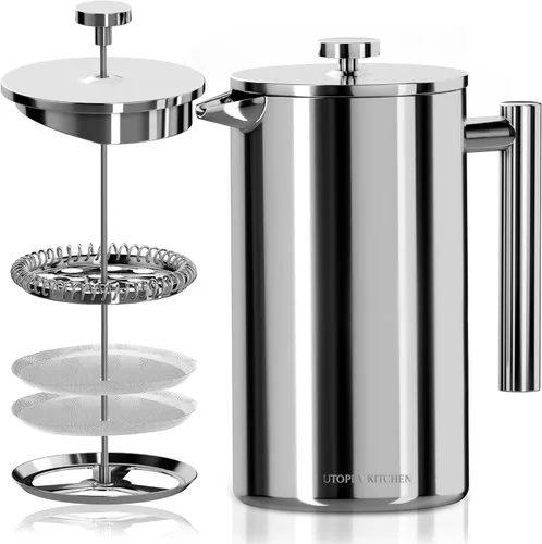 Vista 8 de Utopia Kitchen Cafetera de prensa francesa de acero inoxidable de grado 304, 12 onzas, prensa de café aislada de doble pared con sistema