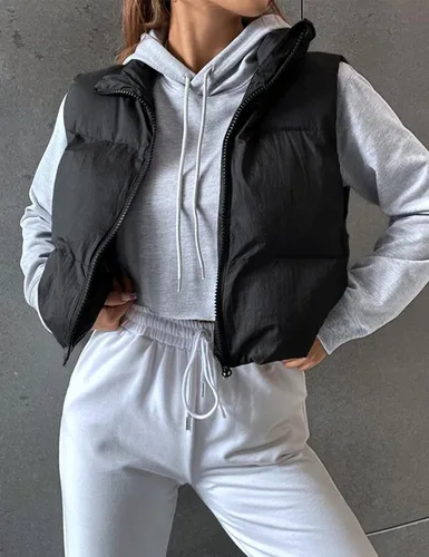 Vista 4 de Zhiyouni Chaleco acolchado corto para mujer, ligero, sin mangas, cuello alto, chaleco acolchado corto