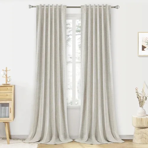Vista 14 de PANGSINNE Cortinas opacas 100% de lino rosa rubor, 45 pulgadas de largo, juego de 2 paneles para cuarto de bebé, pestaña trasera, aislamiento Negro