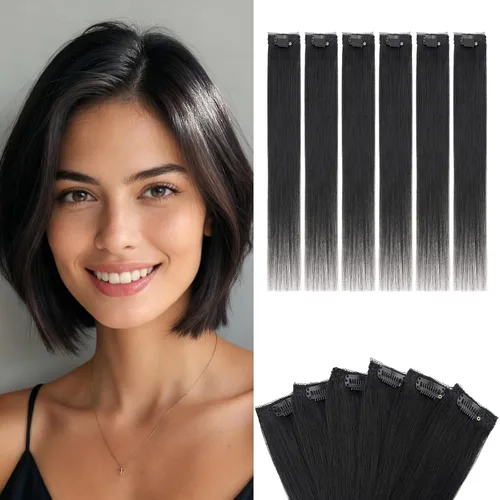 Vista 25 de 6 extensiones de cabello real con 6 clips, cabello ondulado de 10 pulgadas, color marrón oscuro