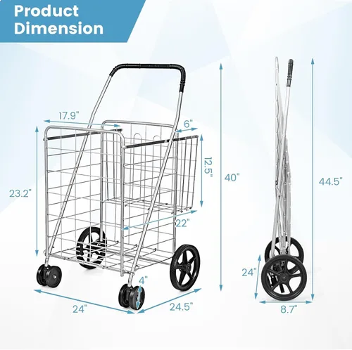 Vista 7 de Goplus Carrito de compras plegable jumbo con ruedas giratorias, carrito de comestibles plegable con ruedas con cesta doble, carrito de utilidad