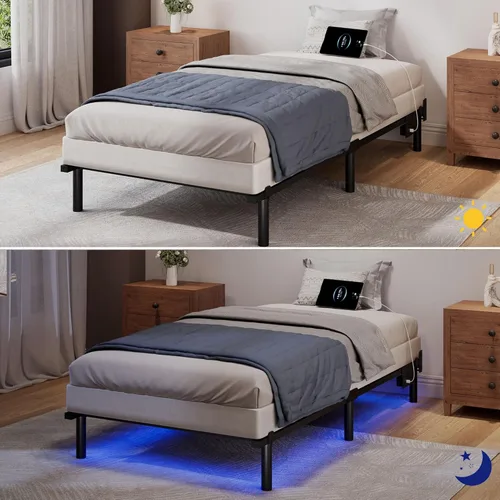 Vista 7 de SHOANED Base de cama tamaño individual con LED, base de cama metálica de acero de 18 cm para somier y colchón, base de cama resistente básica