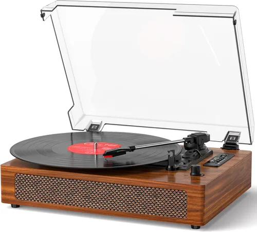 Vista 11 de Reproductor de discos de vinilo de tamaño extendido con reproducción Bluetooth, altavoces integrados, grabación USB, pantalla LED, tocadiscos de 3